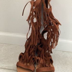 Brown fringe gladiator sandals